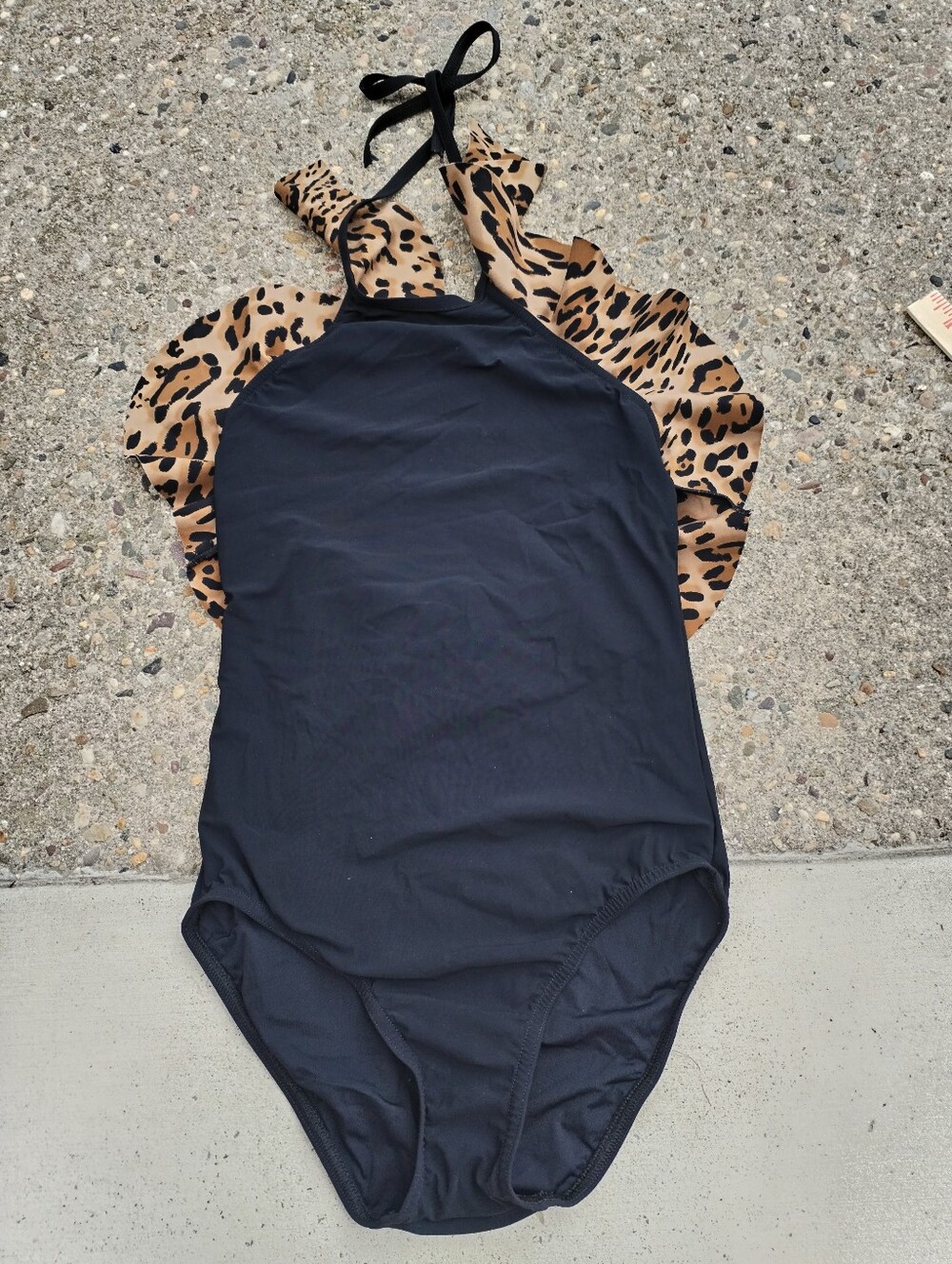 Karla Colletto Black One-Piece Swimsuit with Leopard Ruffle Trim Halter Neck